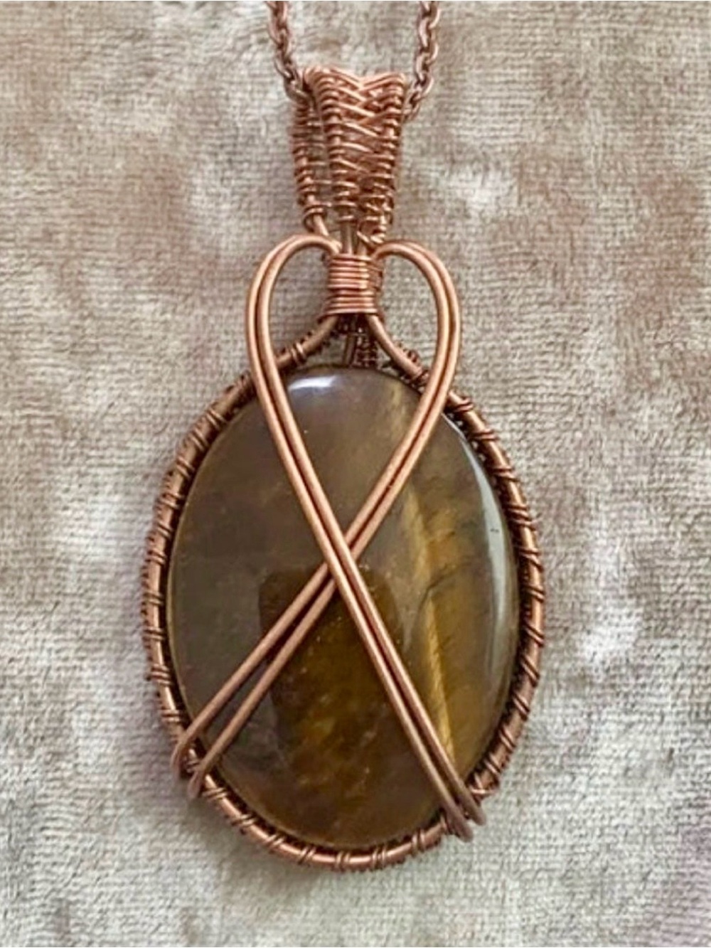 Hand Crafted Copper-Wrapped Tiger Eye Pendant Necklace - Brown & Gold Tones